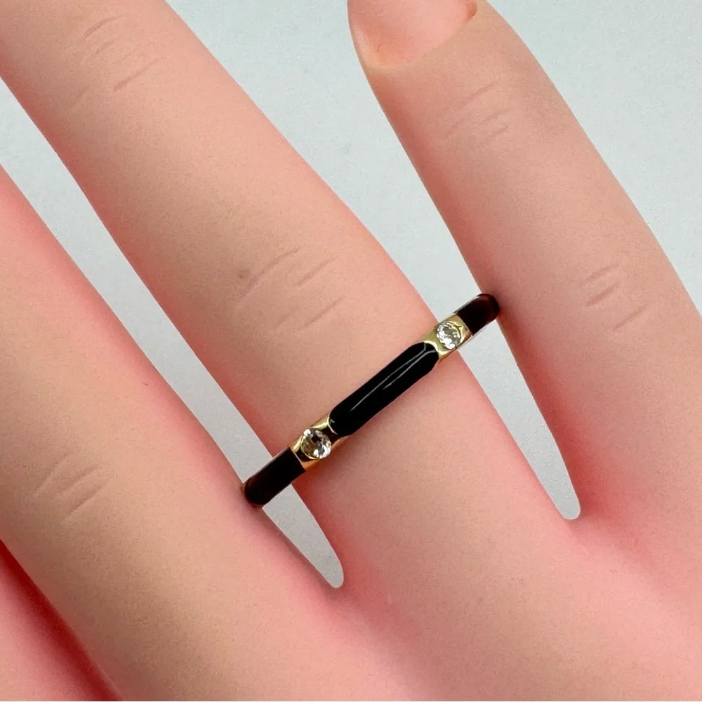 Sterling Silver Gold Plated Black Enamel CZ Stacker Ring Size 7